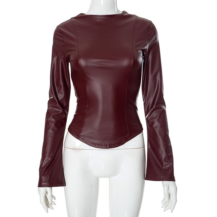 Women Clothing Autumn Leather Stitching Tight round Neck Top