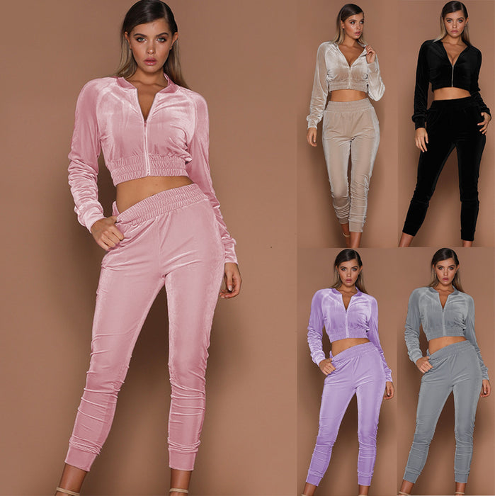 Women Autumn Winter Solid Color Zipper Sweater Ankle-Tied Sports Trousers Two-Piece Suit Women