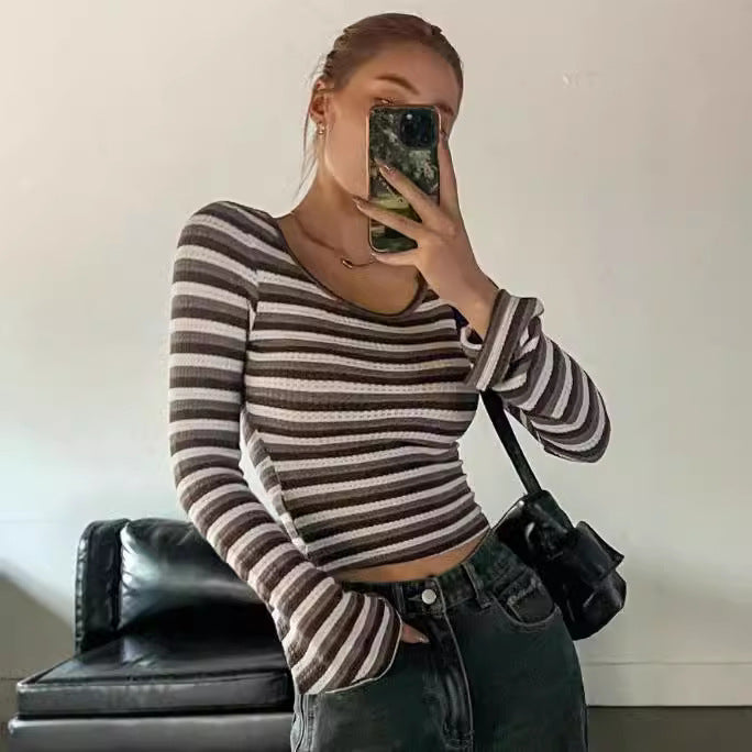 Women Autumn Bottoming Shirt Sexy Pullover round Neck Slim Striped High Grade Long Sleeve T shirt