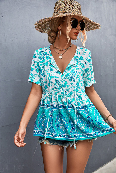 Spring Summer Bohemian V-neck Lace-up Positioning Floral Top Women