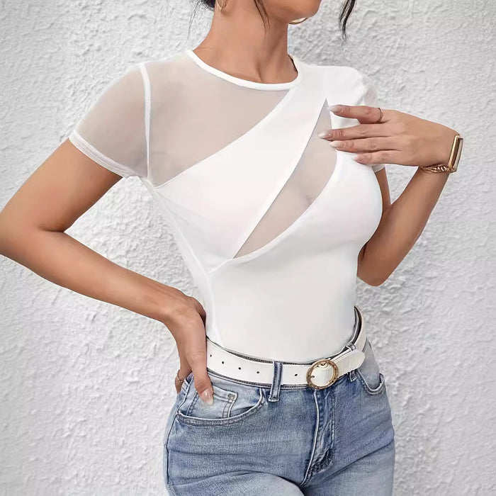 Spring Summer Sexy Solid Color Short Sleeved Net Stitching T shirt Slimming Top for Women