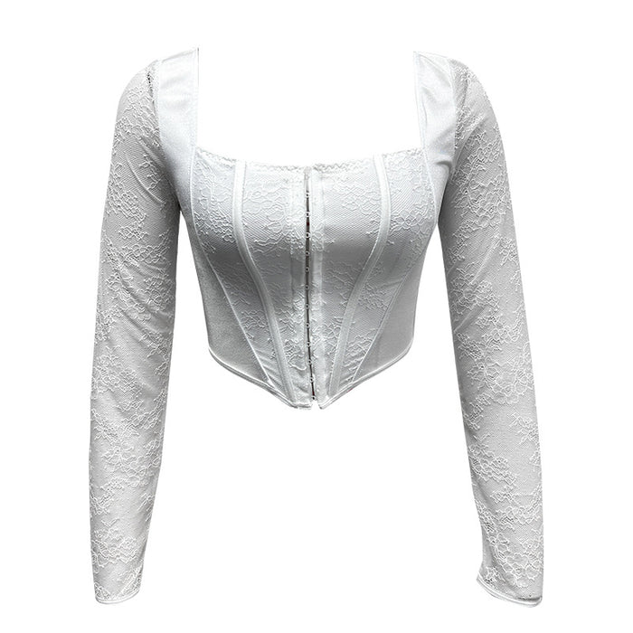 White Lace Sexy Boning Corset Gathered Sexy Bra Outer Wear Long Sleeve Vest