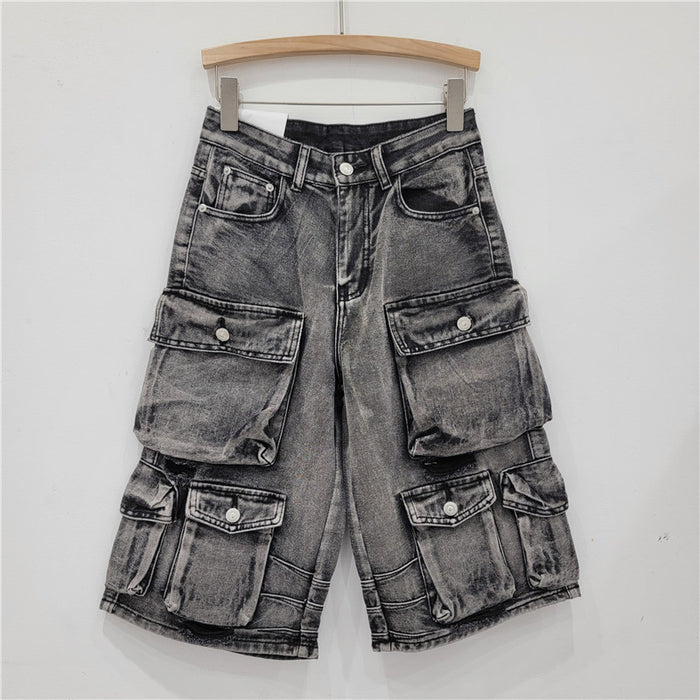 Multi Pocket Denim Shorts Brand Faux Leather Shuai Mei Retro Washed Distressed Tooling Loose Casual Cropped Trousers