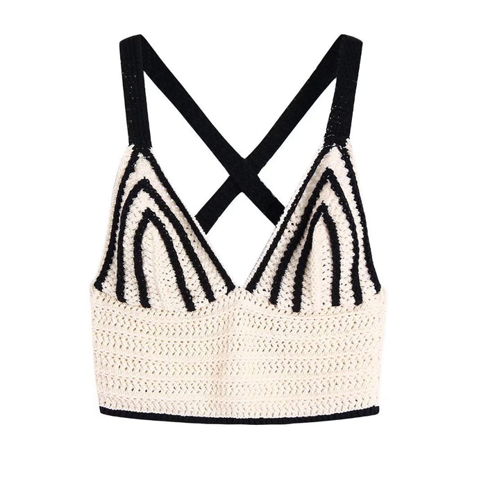 Spring Summer Sexy Deep V Plunge Plunge neck Black White Contrast Color Crochet Criss Cross Small Sling