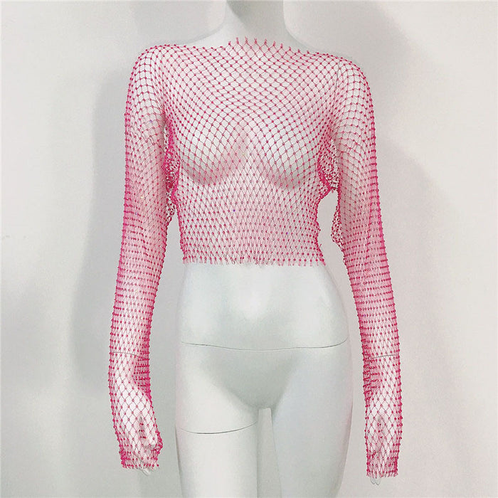 Fishnet T shirt Mesh Rhinestone Long Sleeved Top Sexy Rhinestone Fishnet Clothes Women