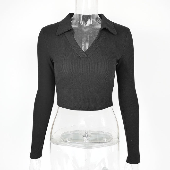 Winter Women Sexy Cropped Sexy Polo Collar Long Sleeve Cotton Knitted Bottoming Shirt