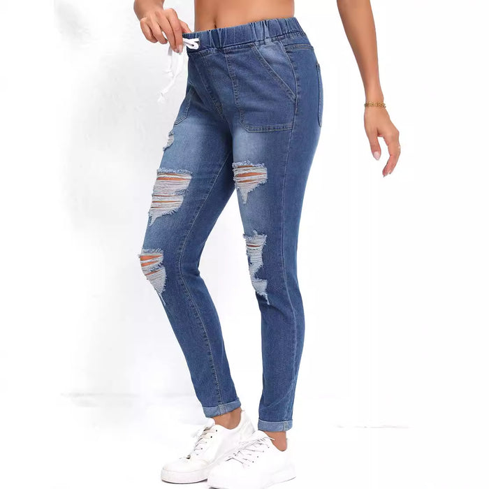 Slim Fit Trendy High Waist Hole Denim Skinny Pants