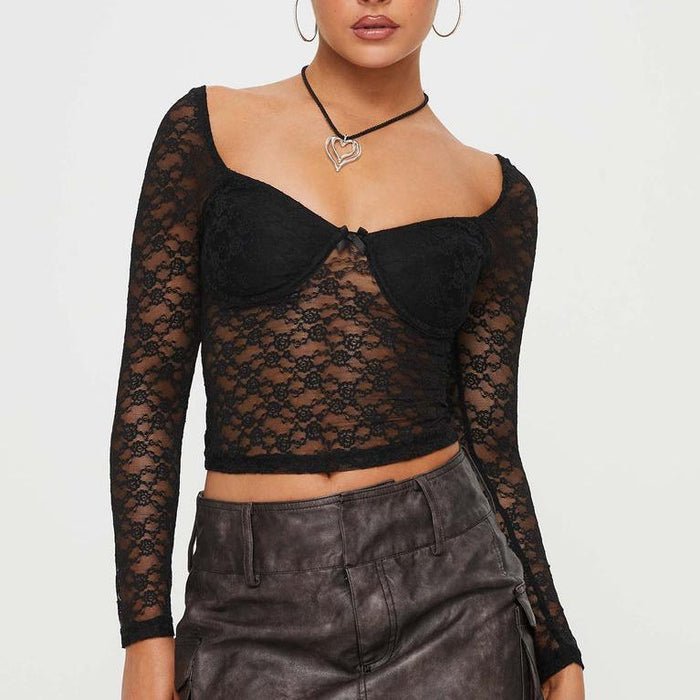 Women Clothing Top Popular Sexy See Through Lace Mesh T Shirt Short Slim Outer Wear Solid Color Top