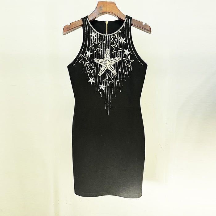 Star Embroidered Heavy Industry Beads Stretch Tight Sleeveless Vest Dress