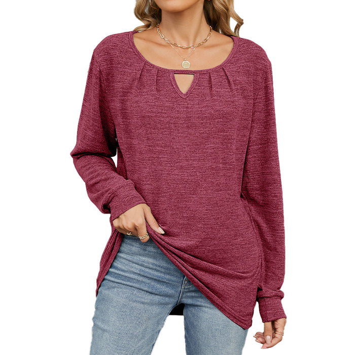 Autumn Winter Solid Color Pleated Brushed Hollow Out Cutout Loose Long Sleeve T Shirt Women