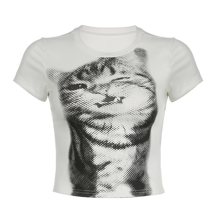 Statement Cat Pattern Printing Basic Shoulder Short Sleeve T shirt Sexy Slim Fit Slimming Short Top