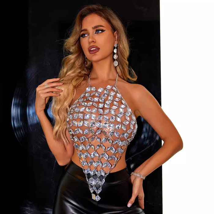 Metal Acrylic Gem Sexy Backless Chain Women Vest