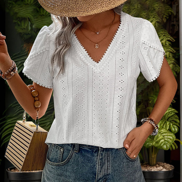 Summer Women Clothing Texture V Neck White Shirt Women