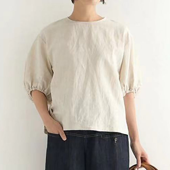 Summer Cotton Linen T Shirt Women Simple Solid Color Loose Idle Puff Sleeve Short Sleeve Top