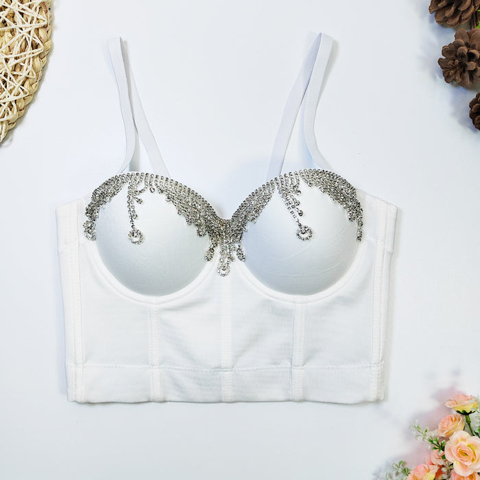 Body Shaping Boning Corset Bra With Steel Ring Sexy Corset Water Drop Metal Diamond Chain Tassel Strap Outer Wear Tube Top Women