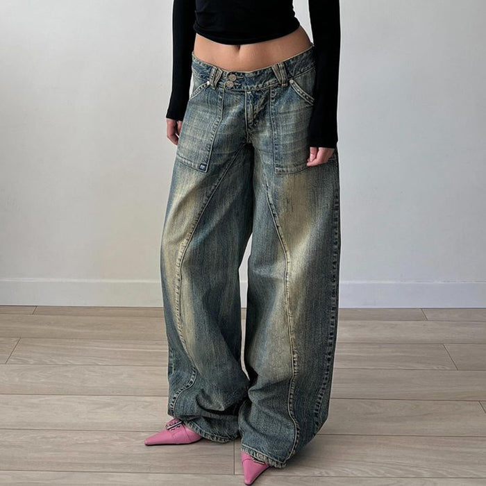 590.0Retro Distressed Irregular Asymmetric Split Pocket Jeans Low Waist Sexy Loose Casual All Matching Wide Leg Pants