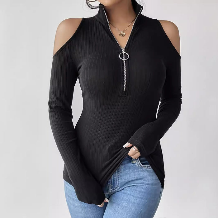 Elegant Lady Solid Color Rib Fabric Free Zipped Stand Collar off the Shoulder Long Sleeve T shirt Slimming Top