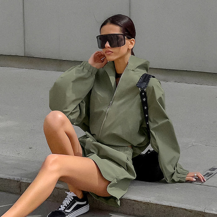 Retro Green Windbreaker Autumn All Matching Loose Stand up Collar Long Sleeved Self Tie Slit Shorts Casual Sets