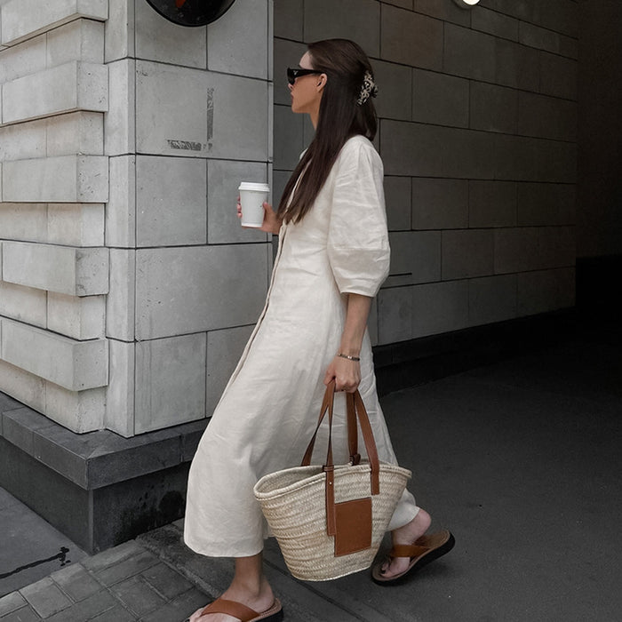 French Young Beige Cotton Linen Puff Sleeve Dress Women Summer Backless Loose V neck Shirt Long Dress