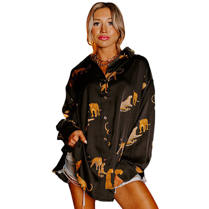 Autumn Solid Color Satin Long Sleeve Cardigan Women Thin Personalized Animal Print Shirt Women Clothing