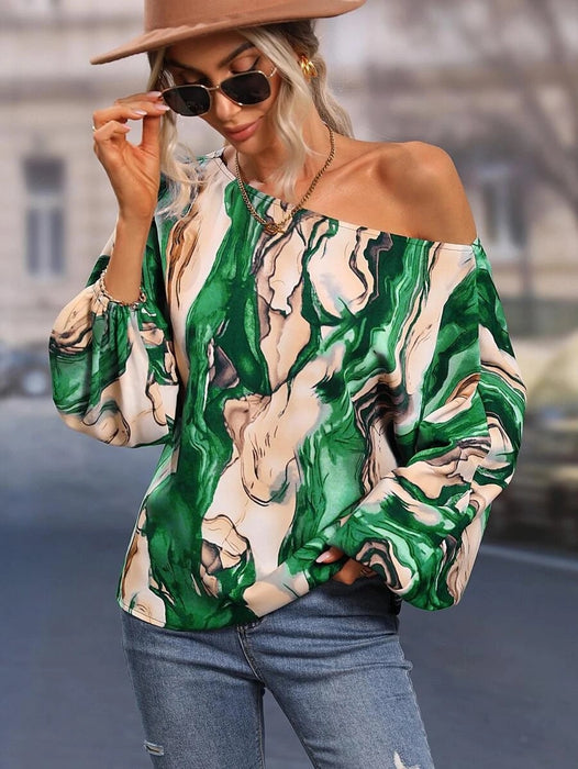 Women Clothing Summer Painted off Shoulder Loose Bishop Sleeves Top Women