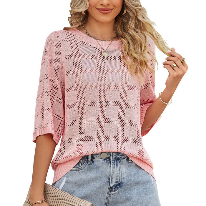 Summer Women Clothing Women ound Neck Hollow Out Sun Protection Clothing Knitted Sweater Blouse