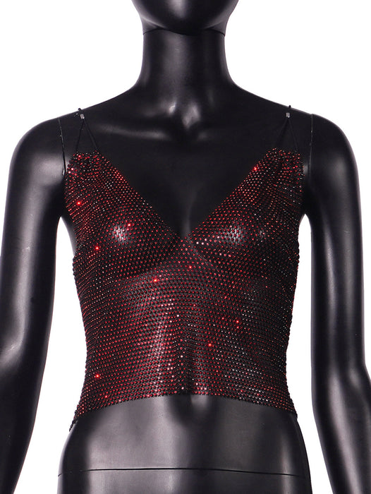 Grid Rhinestone Sexy Suspenders Slim Top Vest Women