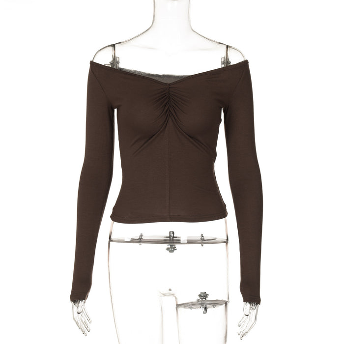 Women Clothing Pure Sexy Autumn off Neck Slim Pleated Long Sleeve Bottoming Shirt Top