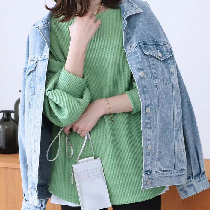 Autumn T shirt Women Loose Casual High Grade Waffle Niche Solid Color Slimming Round Neck Bottoming Shirt Long Sleeve