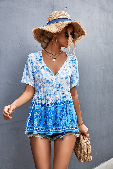 Spring Summer Bohemian V-neck Lace-up Positioning Floral Top Women