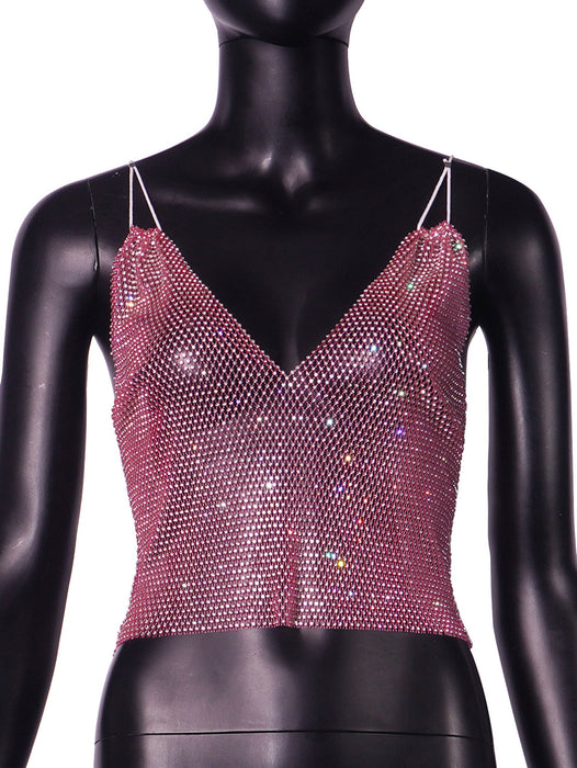 Grid Rhinestone Sexy Suspenders Slim Top Vest Women