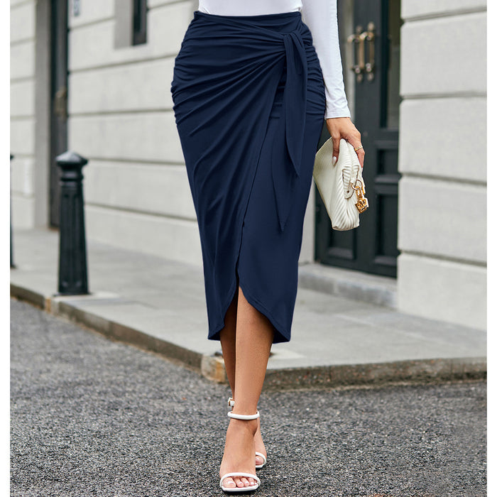 Spring Summer Women Clothing Solid Color Tied Fold Split Skirt