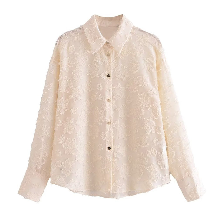 Spring Women Long Sleeve Translucent Stitching Shirt