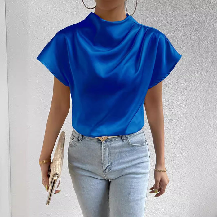 Summer Shirt Pullover Irregular Asymmetric Half Turtleneck Solid Color Silk like Office Sleeve Top