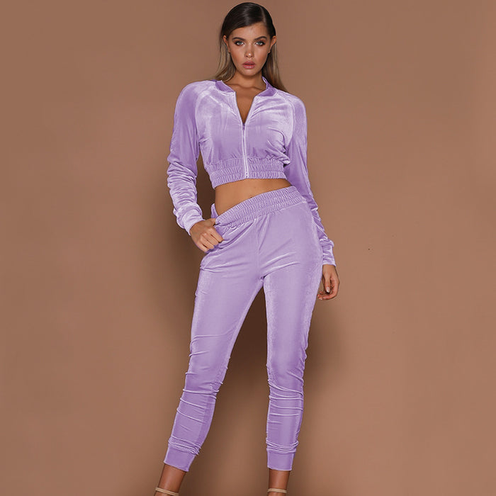 Women Autumn Winter Solid Color Zipper Sweater Ankle-Tied Sports Trousers Two-Piece Suit Women