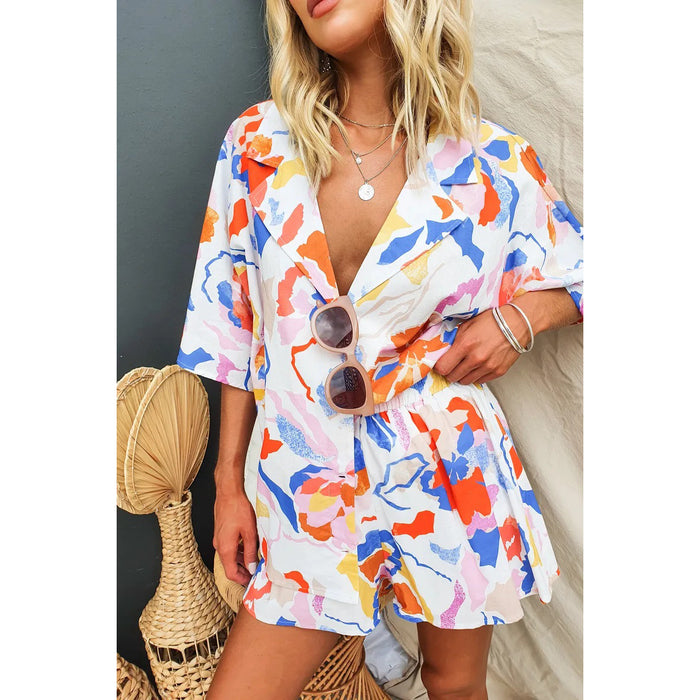 Spring Summer Polo Collar Casual Multi Color Suit Loose Vacation Elastic Waist Two Piece Set