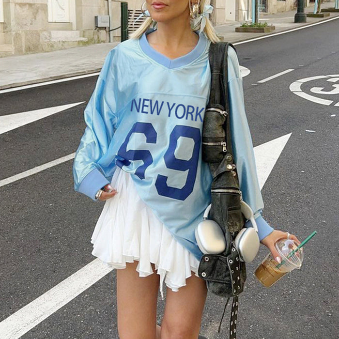 Casual Contrast Color Digital Satin T shirt Street Trend Unisex Loose All Match V neck Exercise Jersey Top