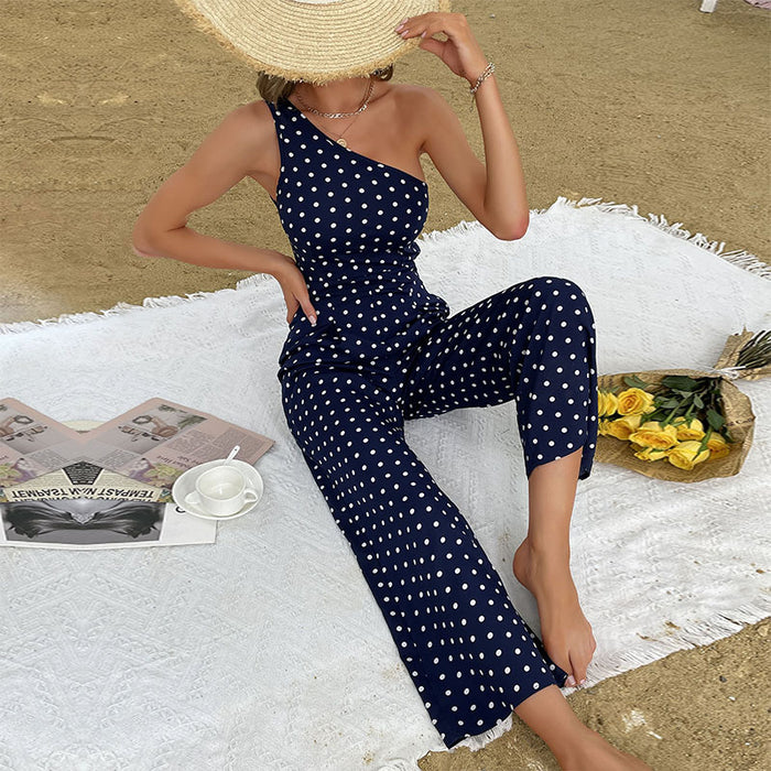 Summer Polka Dot Bootcut Pants One Shoulder Wide Leg Jumpsuit