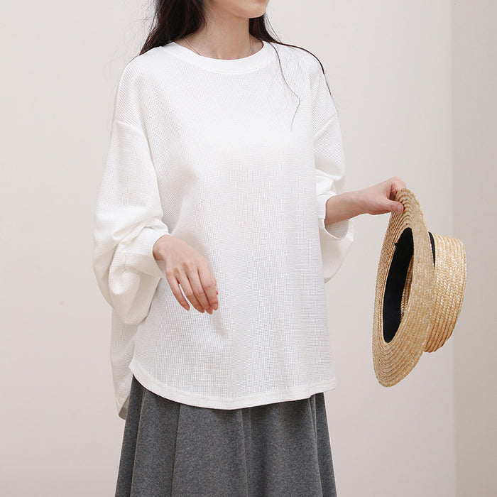 Japanese Korean Summer Waffle Women T shirt round Neck Solid Color All Matching Loose Long Sleeve