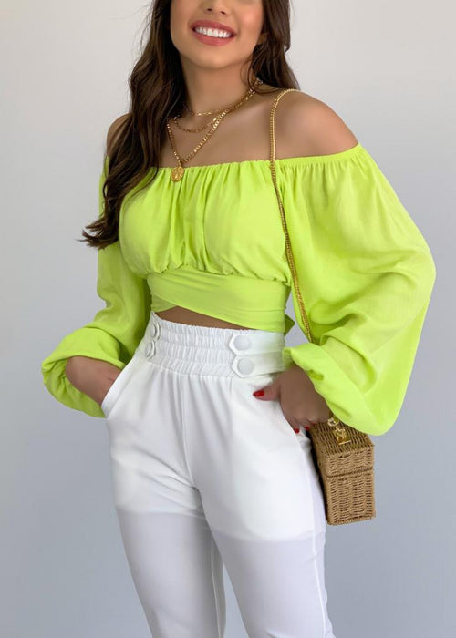 Top Women Solid Color Cropped Exposed Lantern Sleeve off Neck Sexy Lacing Puff Sleeve Shirt