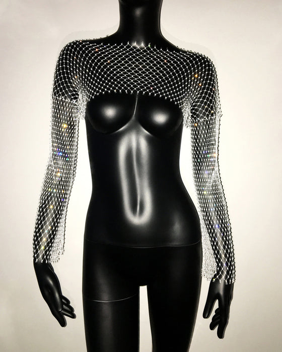 Women Clothing Fishnet Rhinestone Long Sleeved Top Stretch Sexy T shirt