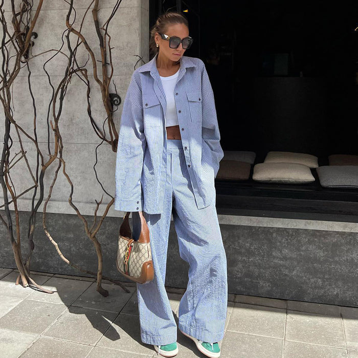 Blue Color Striped Collared Shirt Long Sleeve Wide Leg Pants Suit Loose Women Clothing