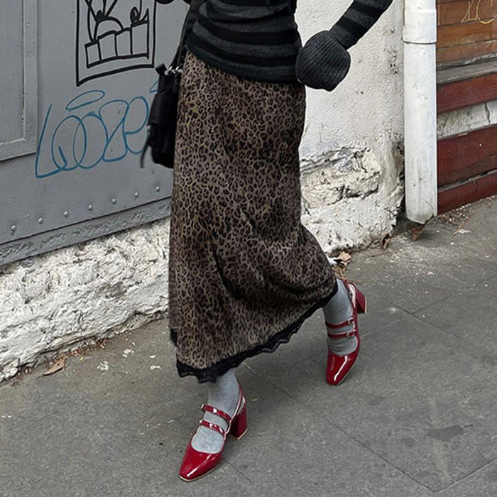 Vintage Leopard Print Stitching Lace Skirt Autumn Trendy Fashionable Stylish High Waist Slimming Midi Women