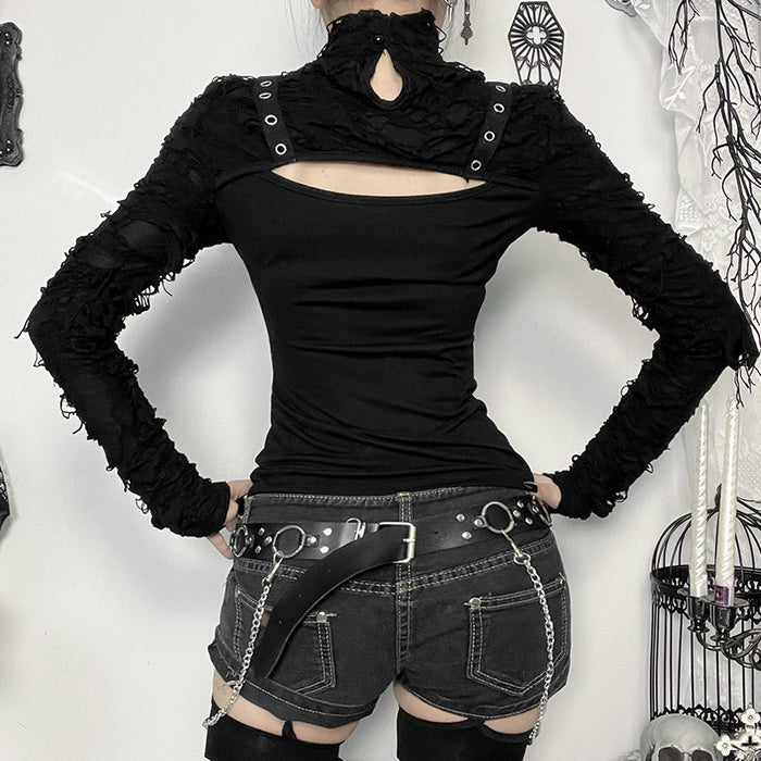 Autumn Personalized Sexy All Match Ripped Fabric Stitching Long Sleeved Top for Women