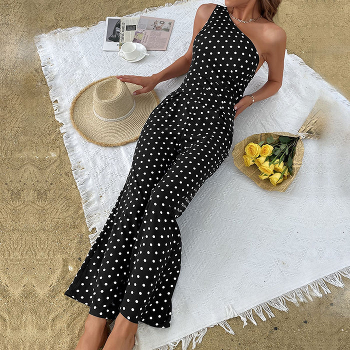 Summer Polka Dot Bootcut Pants One Shoulder Wide Leg Jumpsuit