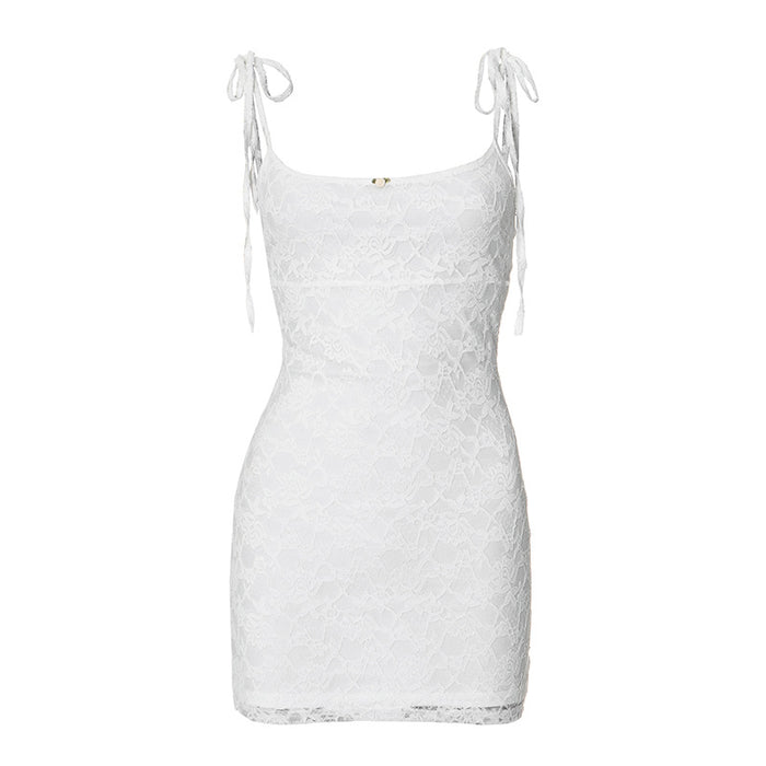 Women Clothing Summer Solid Color Lace Stitching Sleeveless Sling Rope Casual Dress