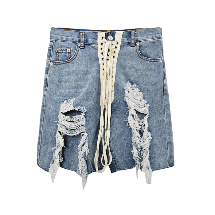 Comfort Casual High Waist Shorts Women Summer Sexy Cross Strap Ripped Denim Shorts