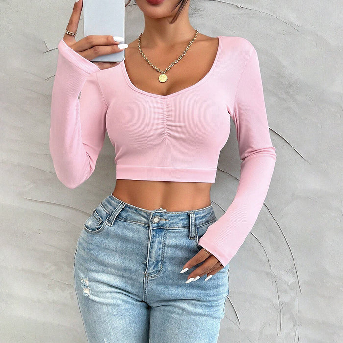 Sweet Spicy Sexy T Shirt Autumn Winter U Collar Slim Fit Figure Flattering Long Sleeve Top