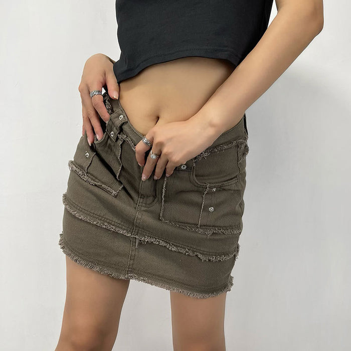 Retro Low Waist Brown Frayed Bright Line Sheath Skirt Summer A line Denim Skirt