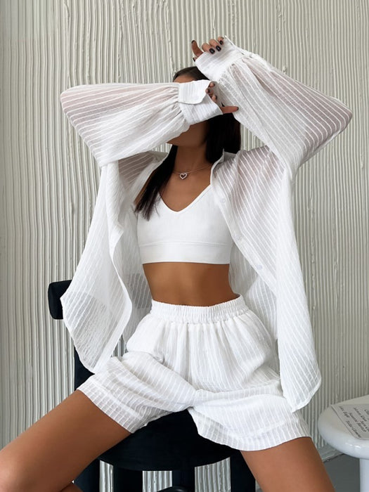 Women Clothing Suit Summer Casual Texture Long Sleeve Vertical Pattern Shirt Shorts Suit